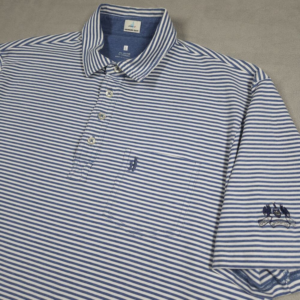 Johnnie O Polo Shirt Mens L Blue Stripe Hanging Out Cotton Stretch Monroe Golf